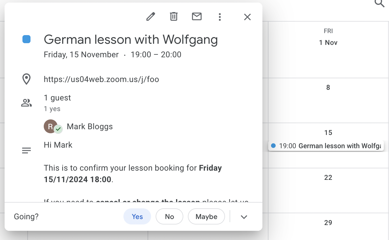 Booking confirmation in Google calendar